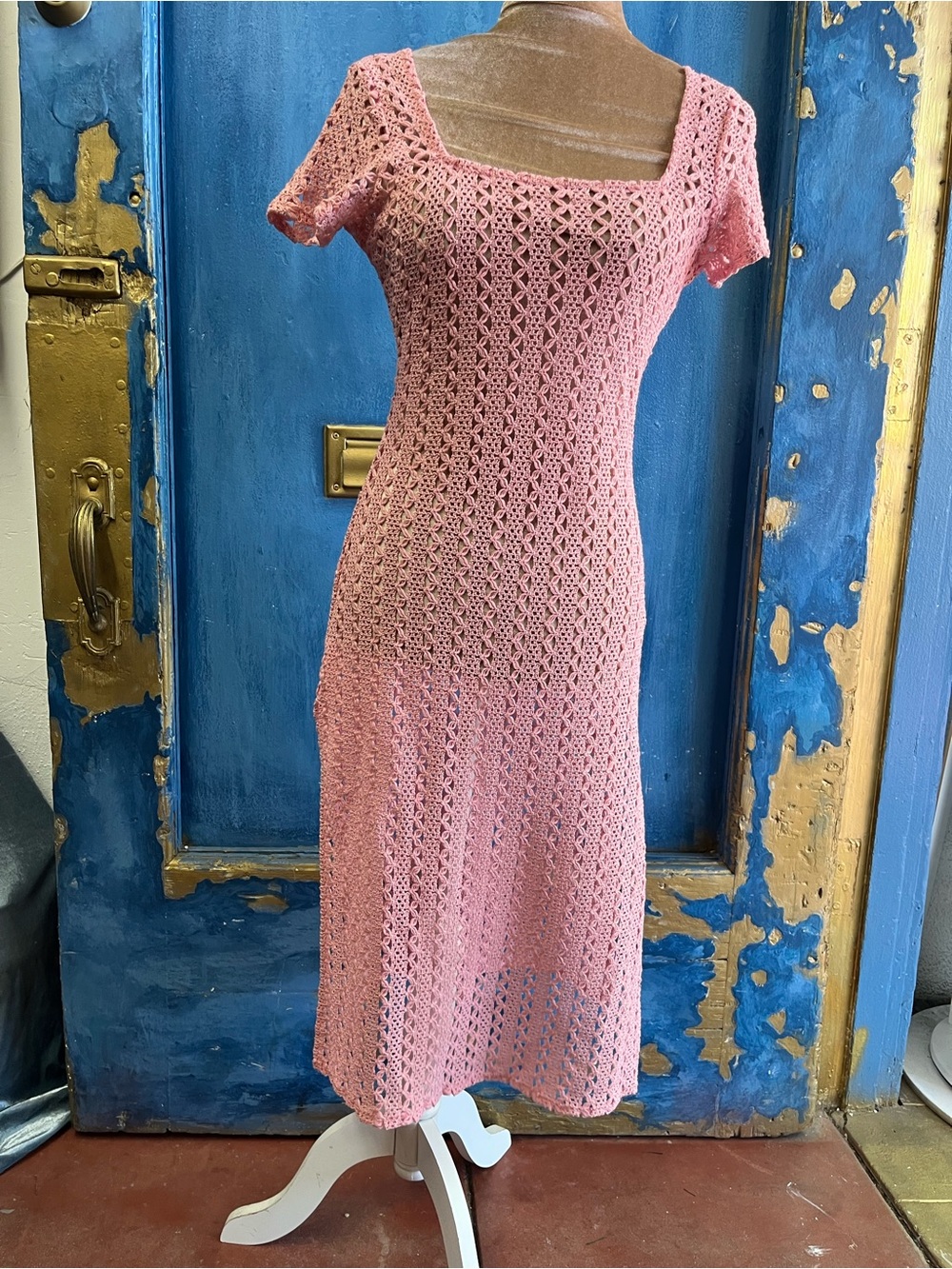Source Unknown Pink Crochet Knit Midi Dress with Square Neck